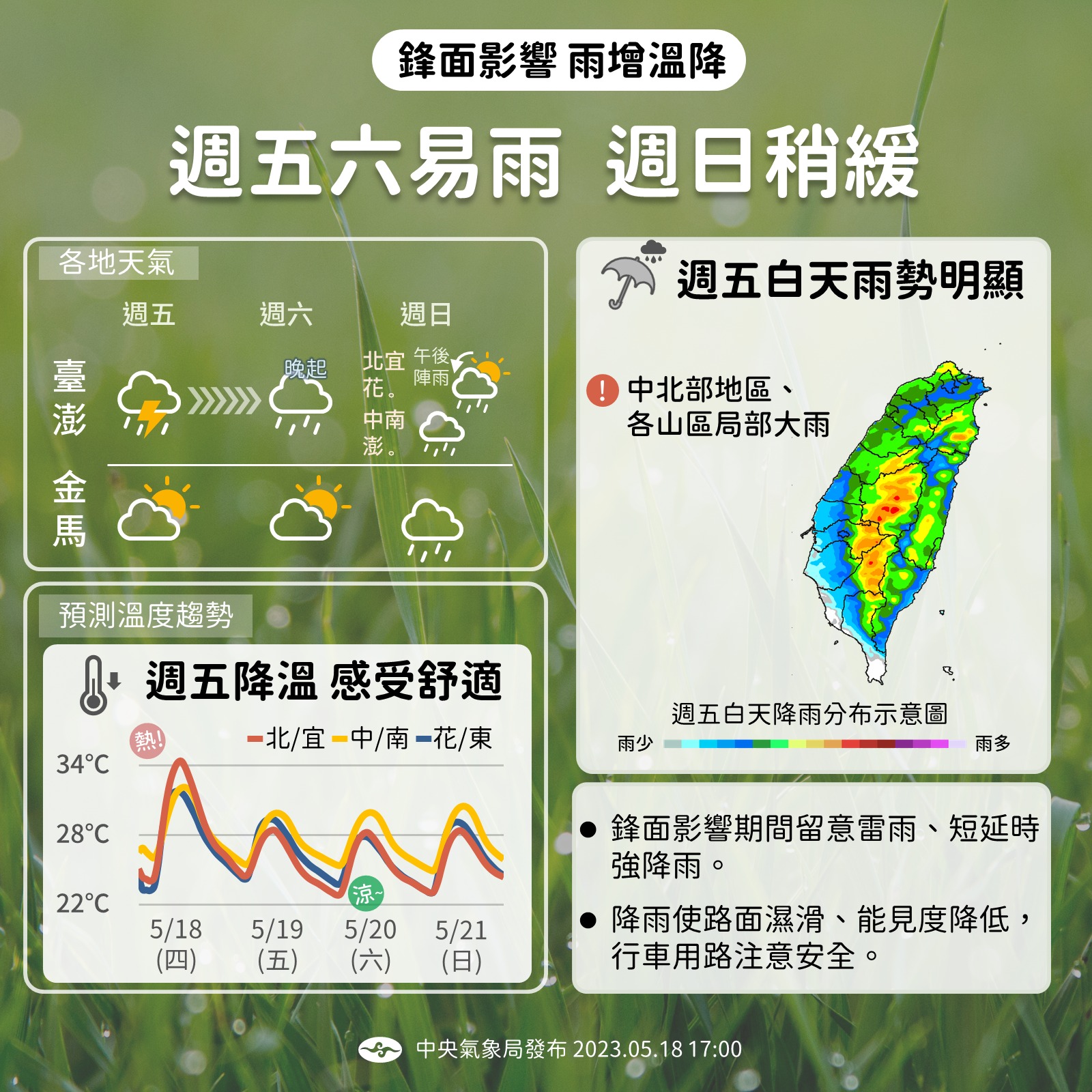 中央氣象局18日表示，晚間起鋒面接近，愈晚雨愈大，19日西半部及宜蘭可能會有局部大雨。(圖:中央氣象局)