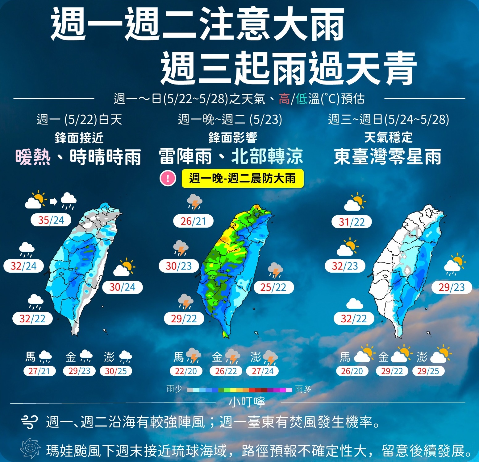 中央氣象局表示，22日晚至23日晨鋒面通過，西半部防局部大雨，22日白天北台灣雨勢漸緩，嘉義以南仍可能有局部大雨。(圖:中央氣象局)