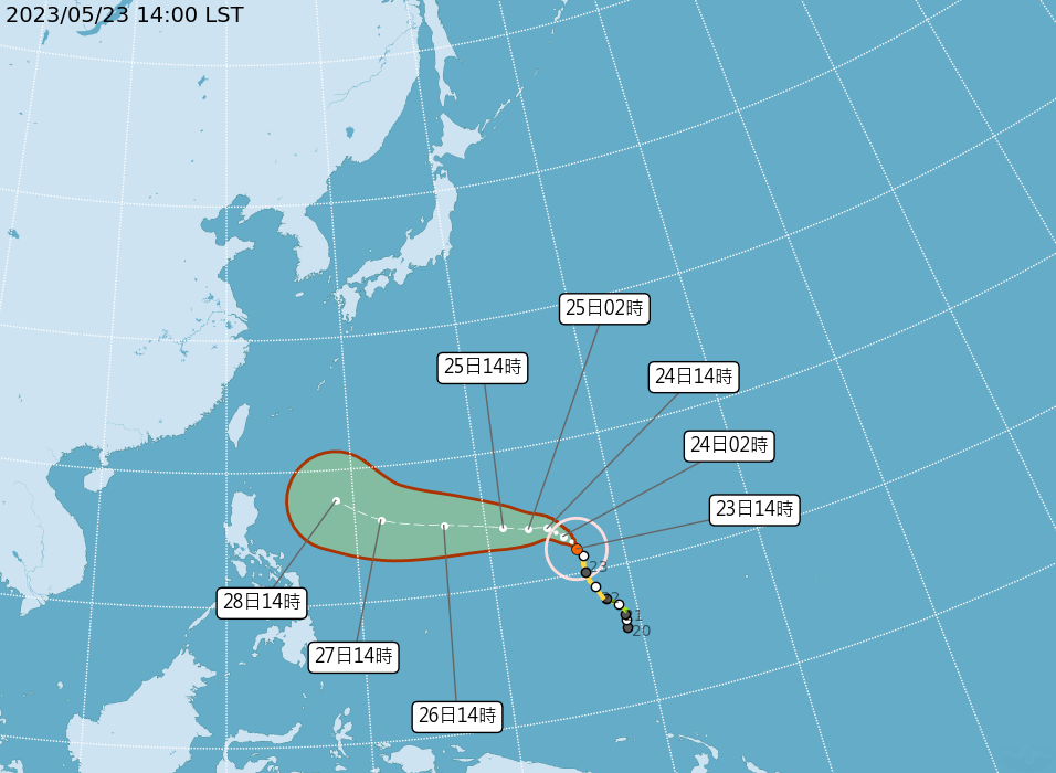 颱風瑪娃最快23日入夜後到24日清晨會增強為強烈颱風，未來朝西北西前進。(圖：氣象局)