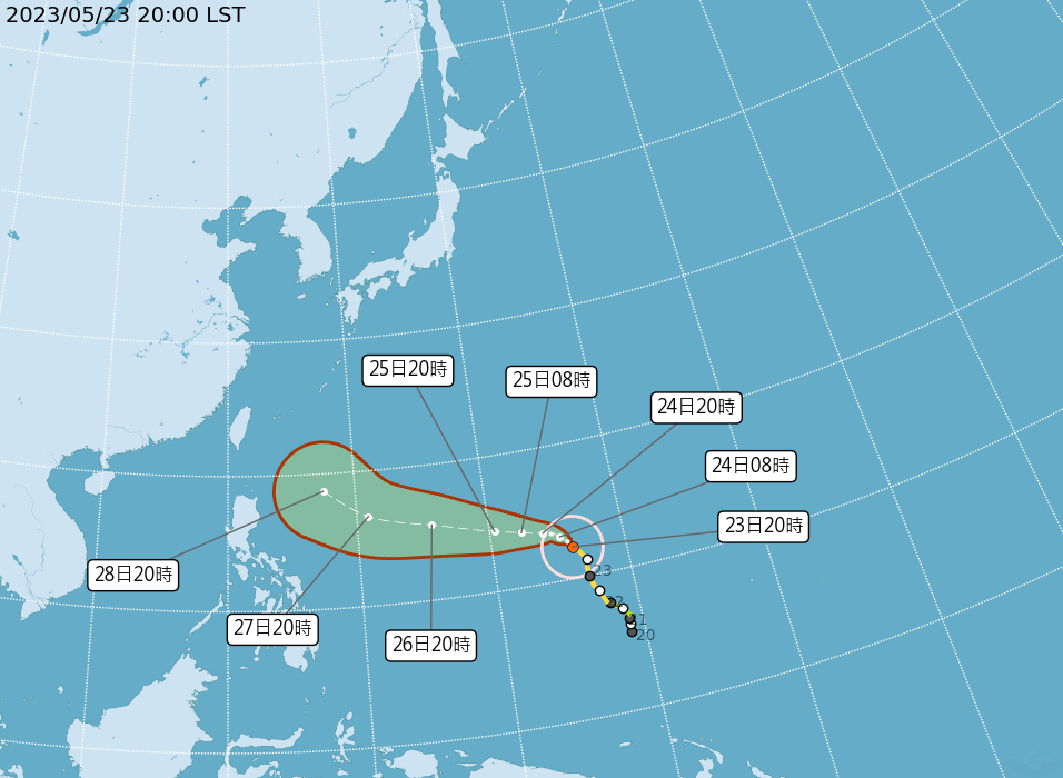 中央氣象局23日晚間指出，瑪娃颱風晚間8時增強為強烈颱風，且暴風圈有機會擴大。(圖:中央氣象局)