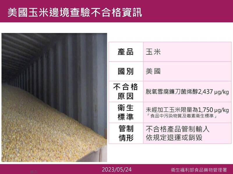 一批進口美國玉米邊境查驗不合格資訊。（圖：食藥署提供）