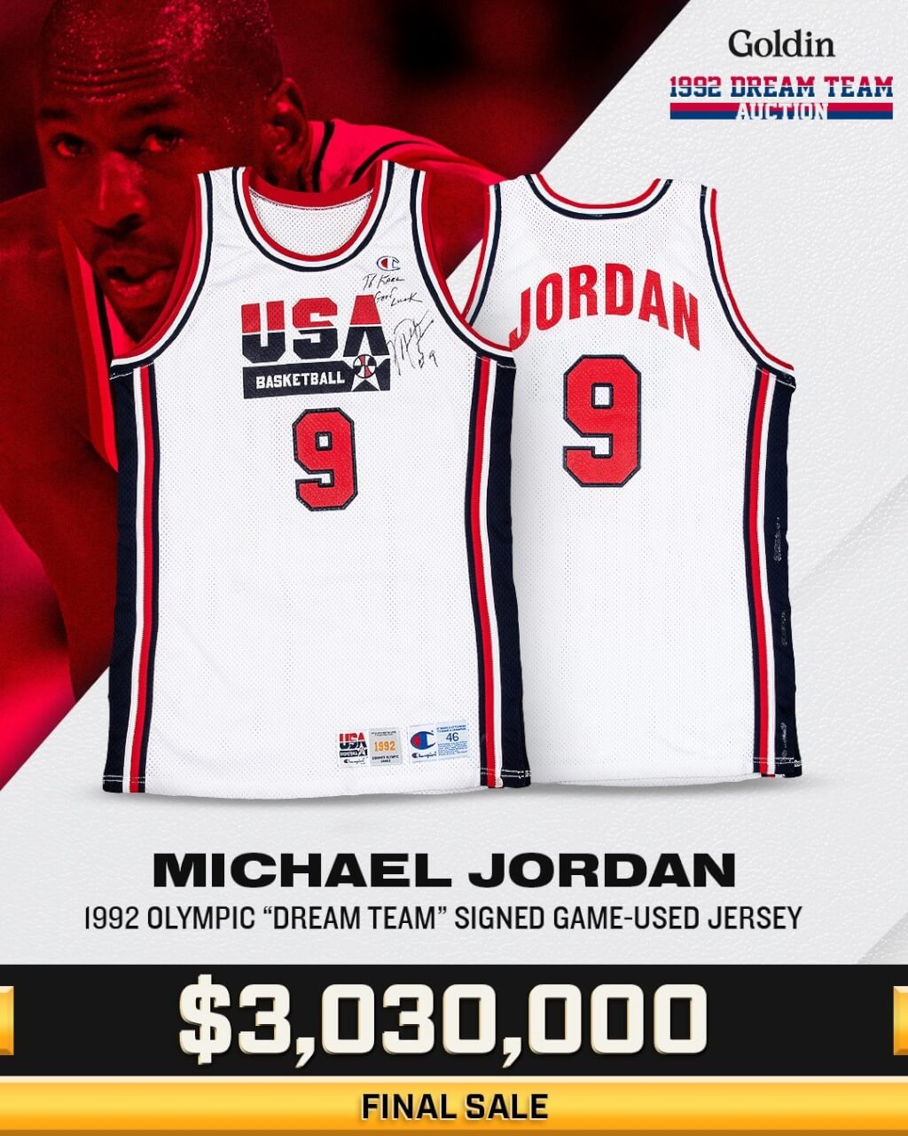 美國職籃NBA傳奇球星喬丹參加1992年奧運所穿的一件球衣，以303萬美元(約新台幣9300萬元)售出。(圖：@GoldinCo推特)