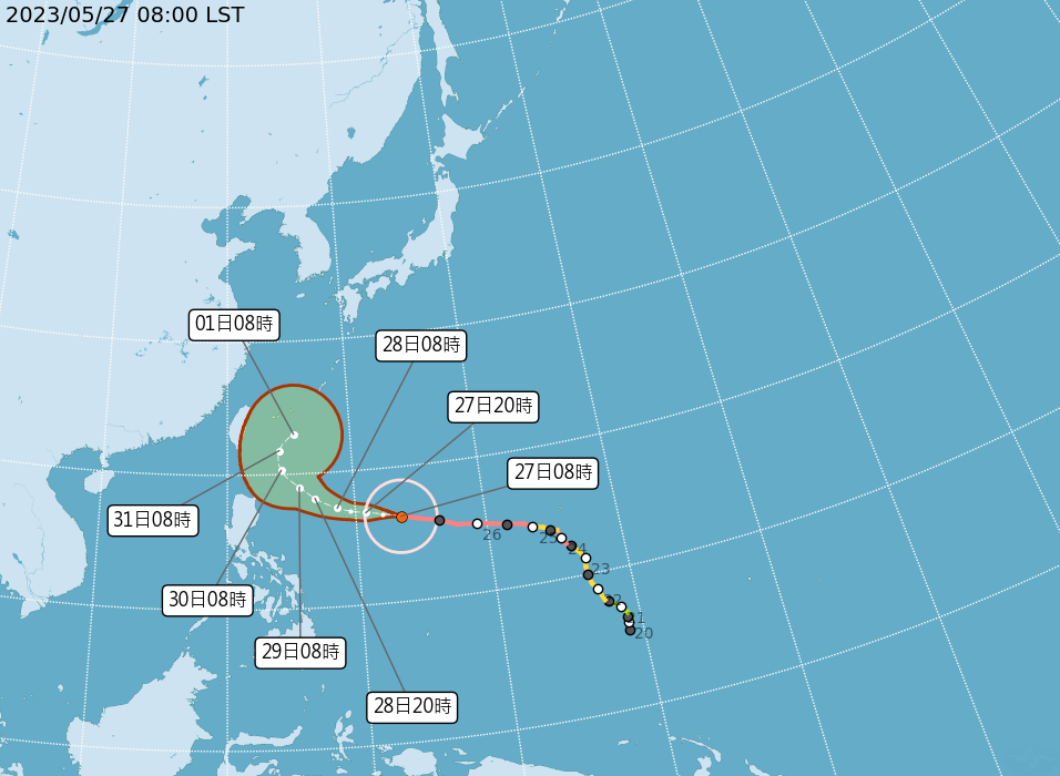根據中央氣象局觀測，颱風「瑪娃」27日清晨2時的中心位置在北緯16.0度，東經134.9度，以每小時27公里速度向西北西進行。(圖：中央氣象局)