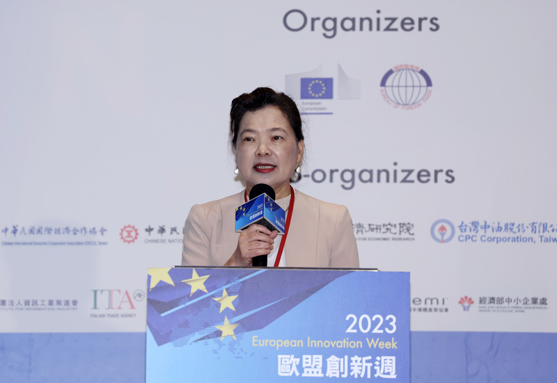 歐盟創新週開幕典禮29日上午在台北舉行，經濟部長王美花（圖）出席致詞，並接受媒體訪問。 (圖：中央社)