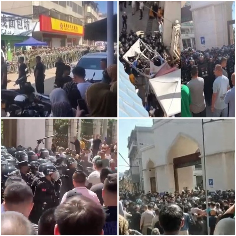 圖為雲南省玉溪市通海縣納古回族自治鄉政府5月27日派人強拆遷納家營清真寺，大批武警持盾與民眾爆發衝突。(微博)