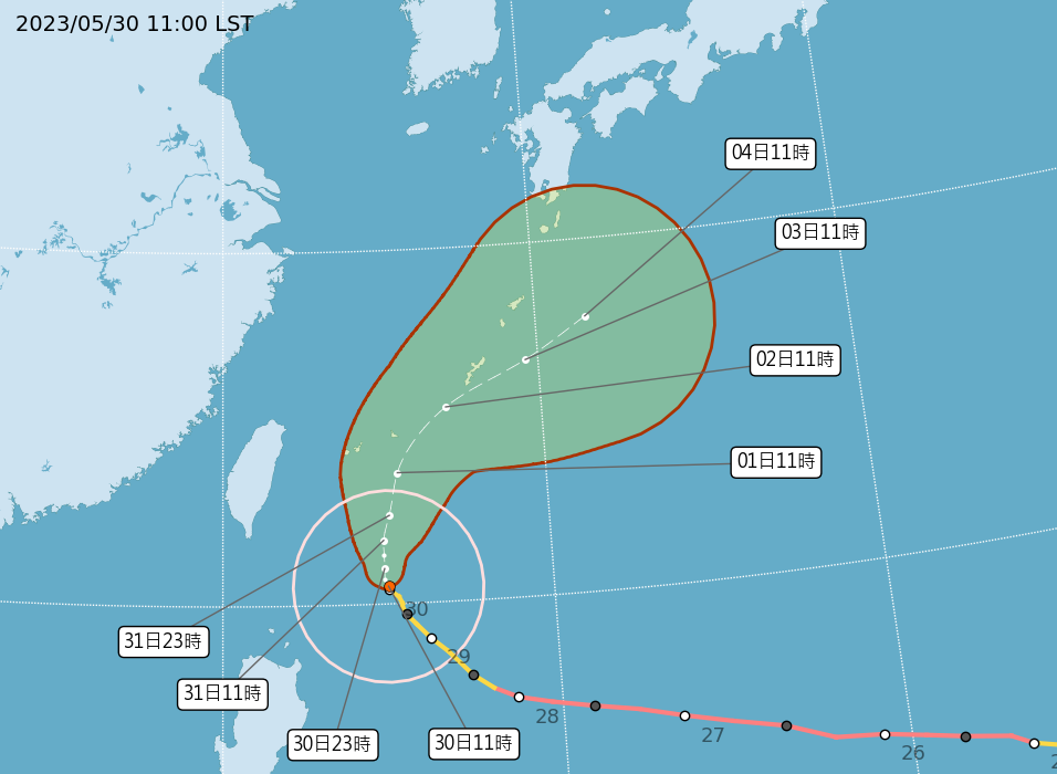 颱風上午11時的位置及路徑預測圖。(圖：中央氣象局)