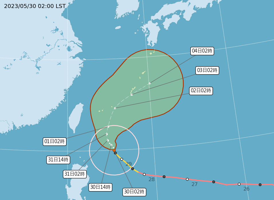 瑪娃颱風龜速慢行，北、東午後有豪大雨。 (圖:中央氣象局)