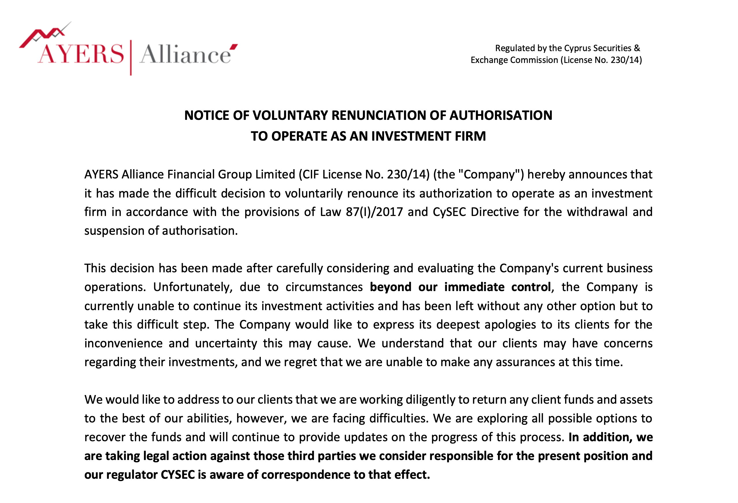 澳豐金融集團於網站發布公告表示自願放棄經營。(圖：Ayers Alliance Group 官網)