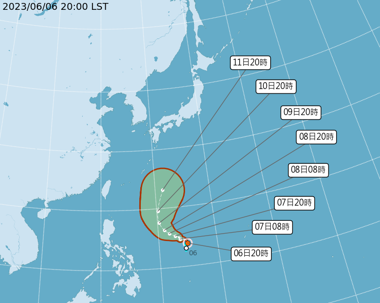 中央氣象局6日晚間發布颱風消息，原位於菲律賓東方海面熱帶性低氣壓，已於今晚8時增強為輕度颱風，編號第3號谷超。(圖:中央氣象局)