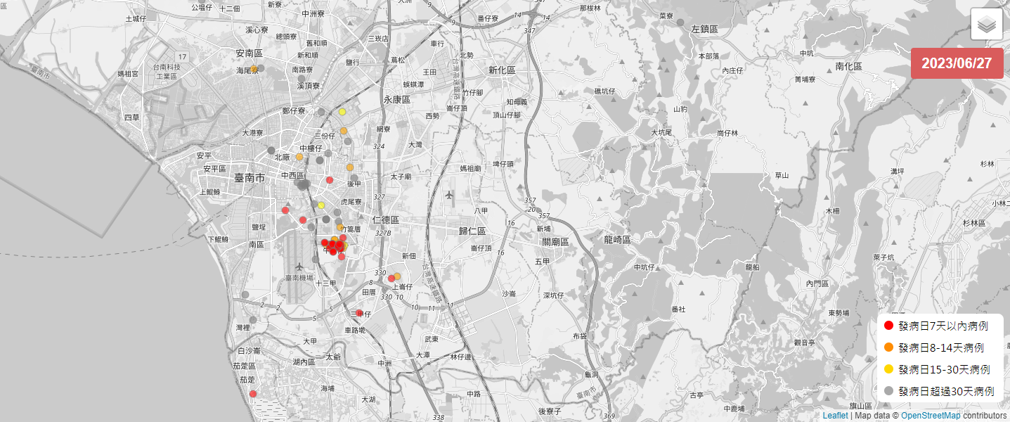 台南本土登革熱病例數攀升，高雄也出現首例本土病例。圖為27日疾管署的登革熱動態地圖。(圖:疾管署)