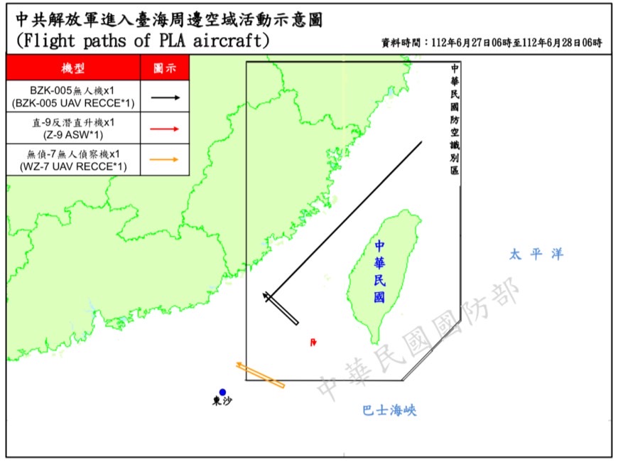 空軍公布的台海周邊空域活動示意圖顯示，1架次BZK-005無人機逾越中線，以及1架次直9反潛直升機、1架次無偵7無人偵察機侵擾西南空域。(圖：國防部)
