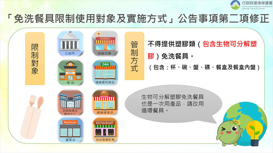 自今年8月1日起，公部門、學校、百貨公司等八大類場所，不得提供生物可分解塑膠製成之免洗餐具。(圖:環保署)