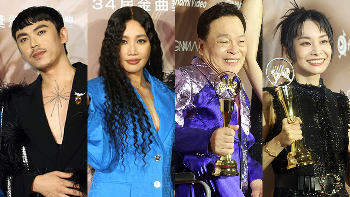 第34屆金曲獎頒獎典禮睽違3年重回台北小巨蛋，華語新科歌王、歌后由HUSH(左起)、A-Lin奪得，最佳台語男、女歌手獎則由阿吉仔、鄭宜農獲獎。(合成照/圖：中央社)