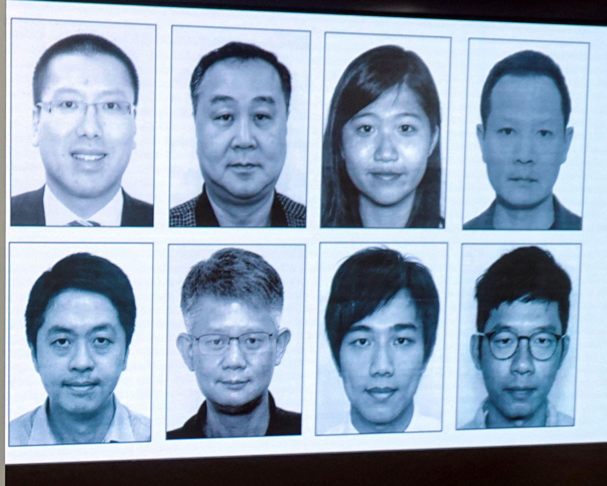 香港警務處3日宣布，以每人懸賞100萬港幣，通緝8名海外民運人士。上排左起：任建峰、袁弓夷、郭鳳儀、郭榮鏗；下排左起：許智峯、蒙兆達、劉祖廸、羅冠聰。(路透社/達志影像)
