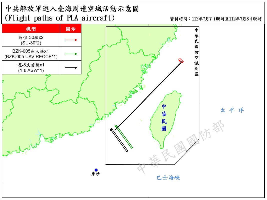 空軍公布台海周邊空域活動示意圖顯示，2架次蘇愷30戰機、1架次BZK-005無人機逾越海峽中線；1架次運8反潛機侵擾西南空域。(圖：國防部)