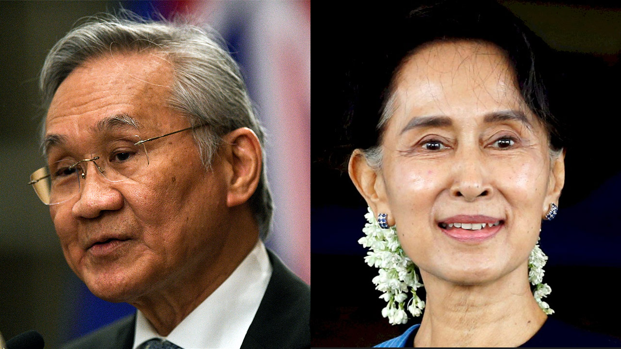 泰國外交部長董恩(Don Pramudwinai，左)12日表示，他已會見被監禁的緬甸前領導人翁山蘇姬(Aung San Suu Kyi，右)。(資料合成照/路透社/達志影像)