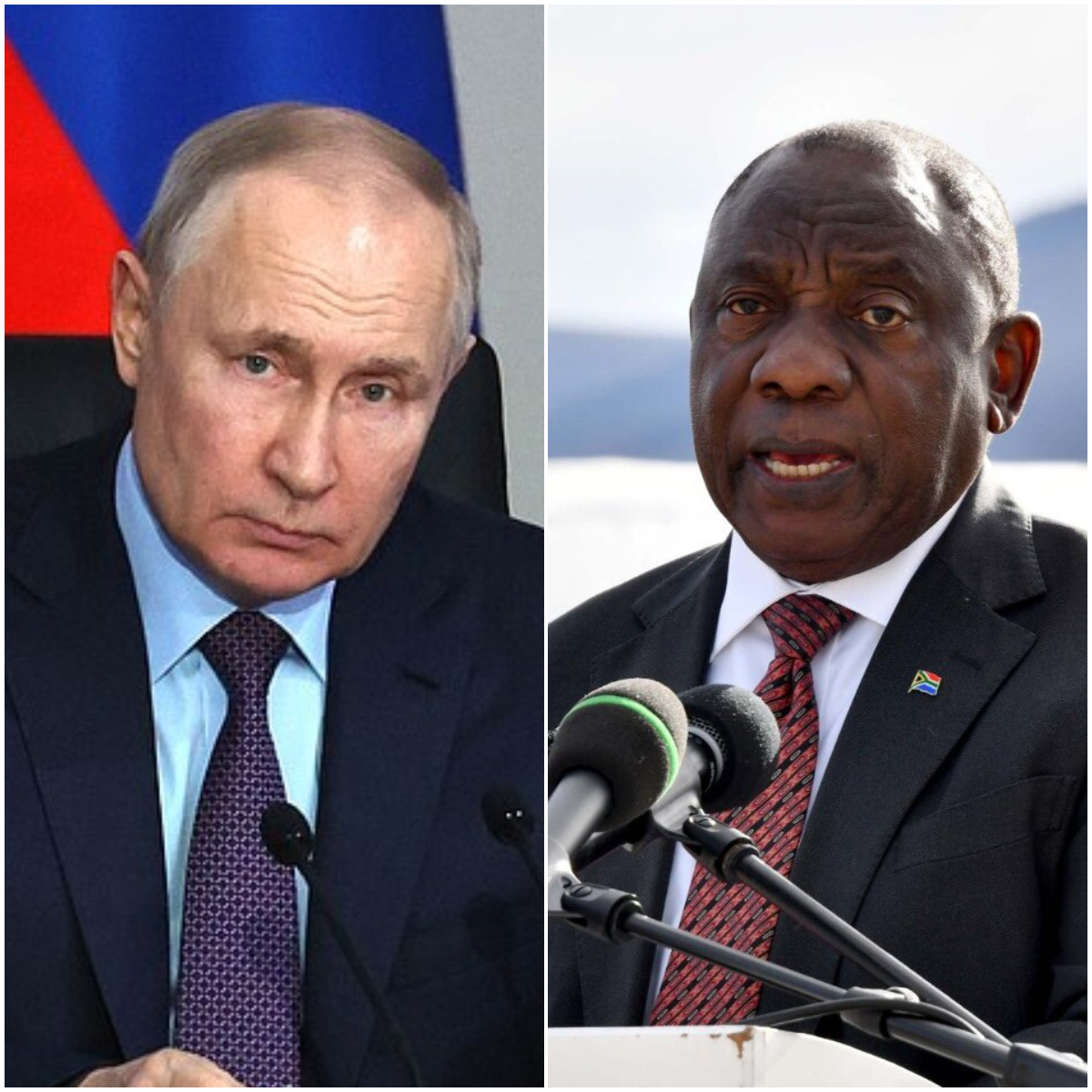 俄羅斯總統蒲亭(Vladimir Putin)(左)與南非總統拉瑪佛沙(Cyril Ramaphosa)(右)進行通話，討論穀物與金磚峰會問題。(圖:克宮/推特，央廣合成)