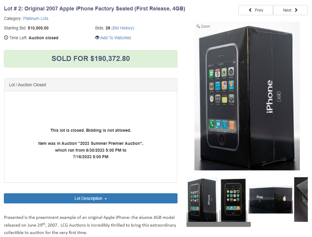2007年上市的一支初代iPhone在拍賣會上以19萬372.8美元(約新台幣590萬元)拍出，超過原價300倍。(圖擷自LGC拍賣網)