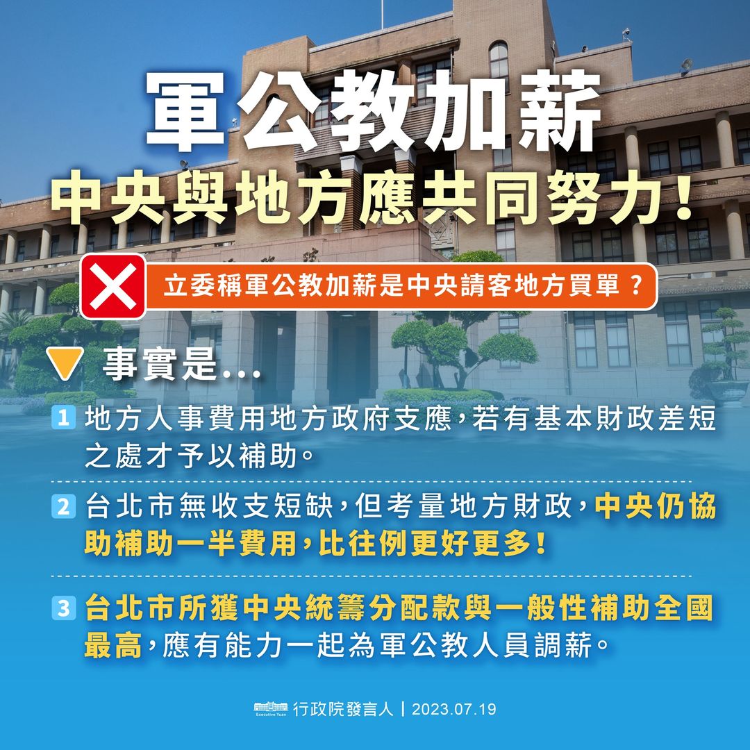 有立委質疑政府替軍公教加薪，應由中央全額負擔卻砍台北市一半的補助。行政院發言人林子倫19日表示，台北市原本沒有獲得補助，中央決定協助一半已經優於以往。(圖:行政院發言人 臉書)