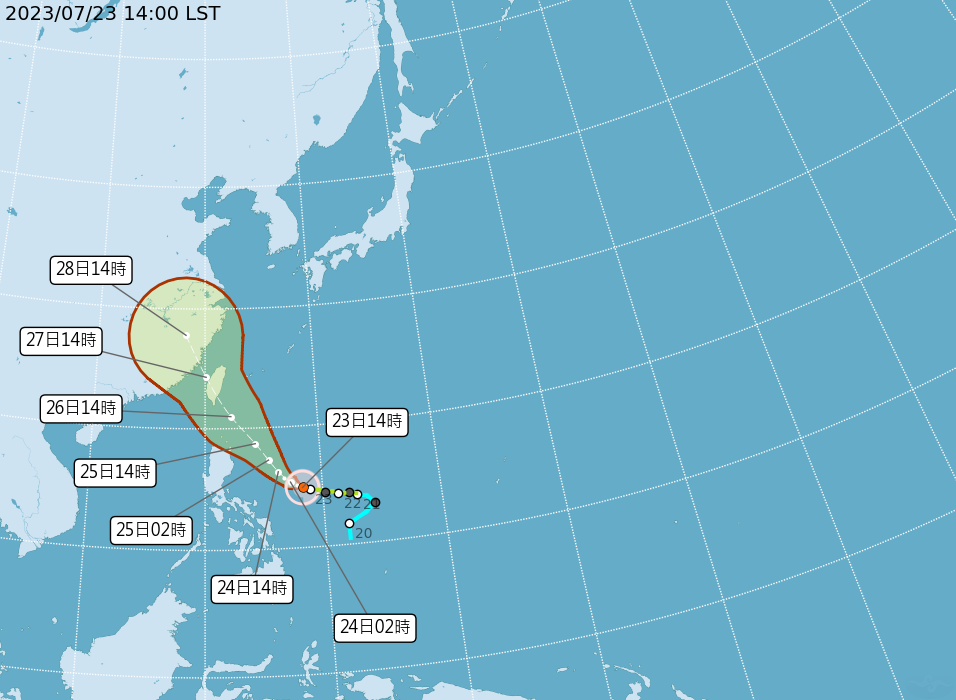 氣象局指出，輕颱杜蘇芮最快23日晚間8時會增強為中度颱風，預估24日晚間8時發布海上颱風警報。(圖：中央氣象局)
