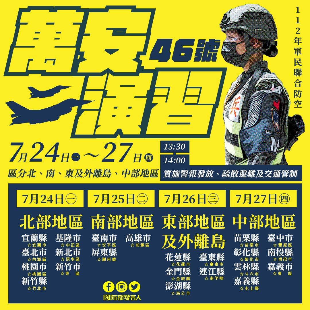 「萬安46號演習」將於7月24至27舉行，於演習當天下午1時30分至2時，實施「警報發放、疏散避難、交通管制」等措施。(圖：國防部提供)