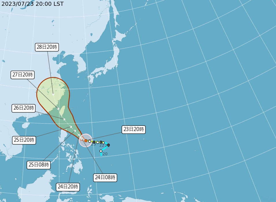 颱風杜蘇芮23日晚間8時增強為中度颱風。(圖：中央氣象局)