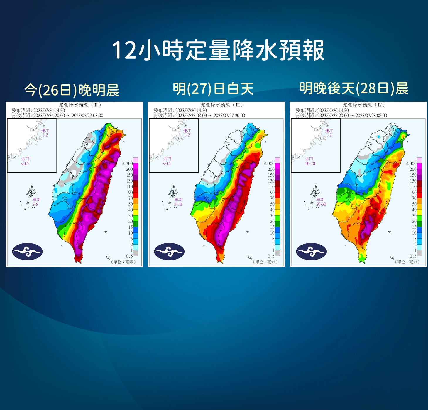 中度颱風「杜蘇芮」進逼台灣中南部，氣象局26日晚間公布12小時定量降水預報。(圖:氣象局)