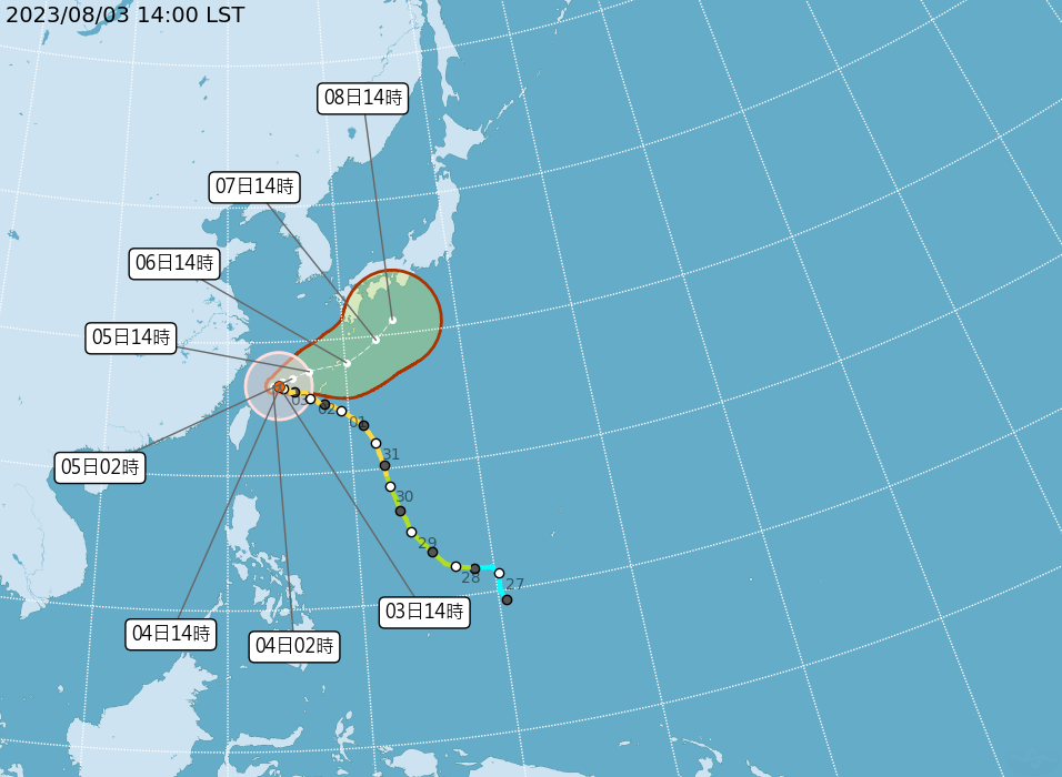 氣象局預估，中颱卡努的暴風圈恐怕要拖到今晚才會掃到東北角陸地，陸上颱風警報也有機會在明天清晨解除，但仍可能存在其他變數。(圖：中央氣象局)