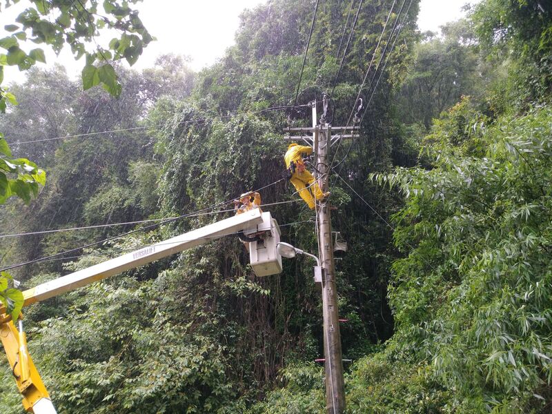 颱風卡努外圍環流帶來雨勢，台電統計，梨山、谷關地區3日至今有1210戶停電，已恢復1183戶，另27戶因電桿倒塌等待復電。台電人員冒雨搶修。(圖：中央社)