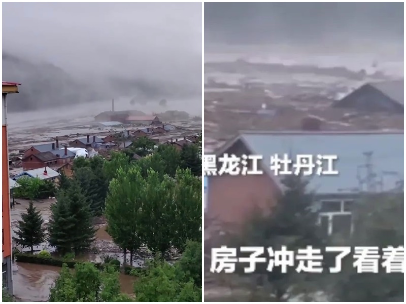 黑龍江省牡丹江市洪水沖走民房。（影片截圖）