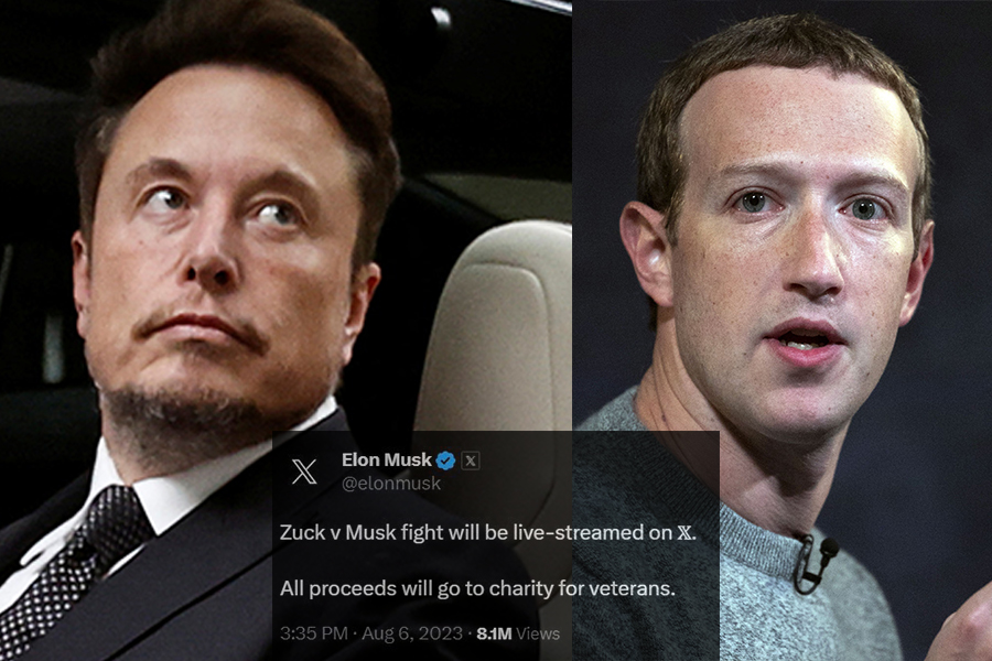 馬斯克在X貼文宣布，與祖克柏的格鬥將在X直播。(合成圖/達志影像)