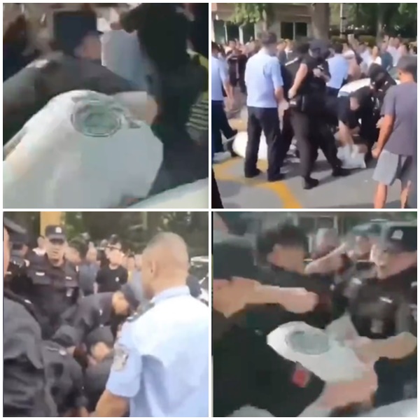 河北保定高碑店災民聚集市府和縣府陳情，卻慘遭公安暴打。(微博視頻截圖)