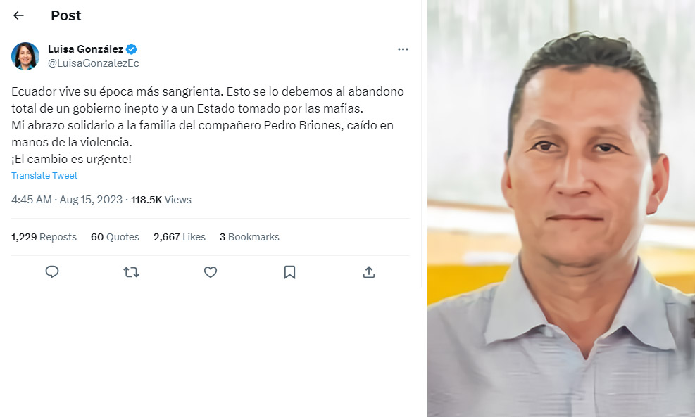 厄瓜多總統候選人龔薩雷茲(Luisa Gonzalez，左)14日在社群媒體上哀悼地方政治人物布里歐尼斯(Pedro Briones，右)。(合成圖/翻攝自推特)
