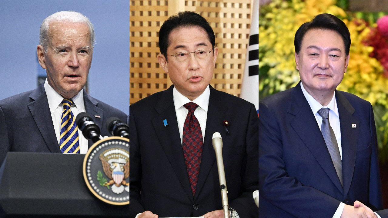 美國總統拜登(左起)將和日本首相岸田文雄、南韓總統尹錫悅召開三方會談。(合成圖/AFP)