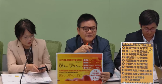 民進黨立委莊瑞雄表示，中國片面暫停台灣芒果輸入就是中共干預台灣大選十部曲之一。(圖:民進黨立法院黨團)