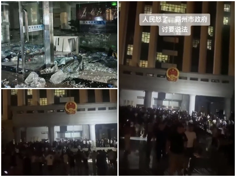 河北霸州災民不滿洪災賠償怒砸政府大樓。(推特)