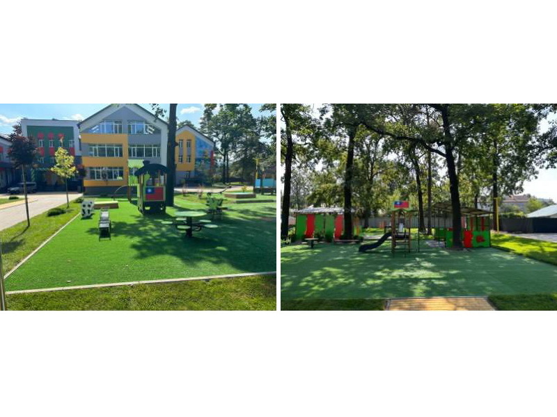 台灣與立陶宛合作重建烏克蘭魯塔(Ruta)幼稚園8月24日啟用，其中由台灣出資興建的戶外景觀及遊樂設施都可以見到我國國旗標幟 (外交部提供)