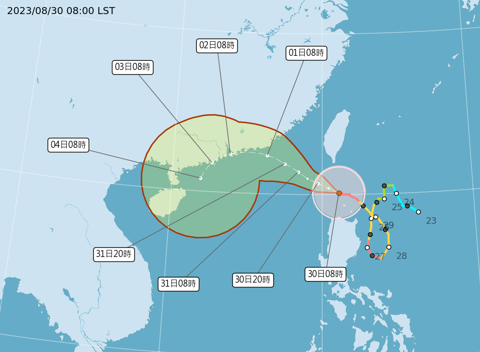 蘇拉颱風逐漸接近台灣，中央氣象局研判30日、31日風雨影響最為明顯，東部、東南部地區及恆春半島、南部山區會有大雨或豪雨發生機率。(圖：中央氣象局)