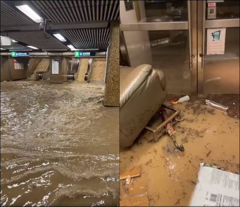 香港地鐵站也出現淹水災情，多個車站大廳及月台淹水。（圖：香港突發事故報料區及討論區粉專）