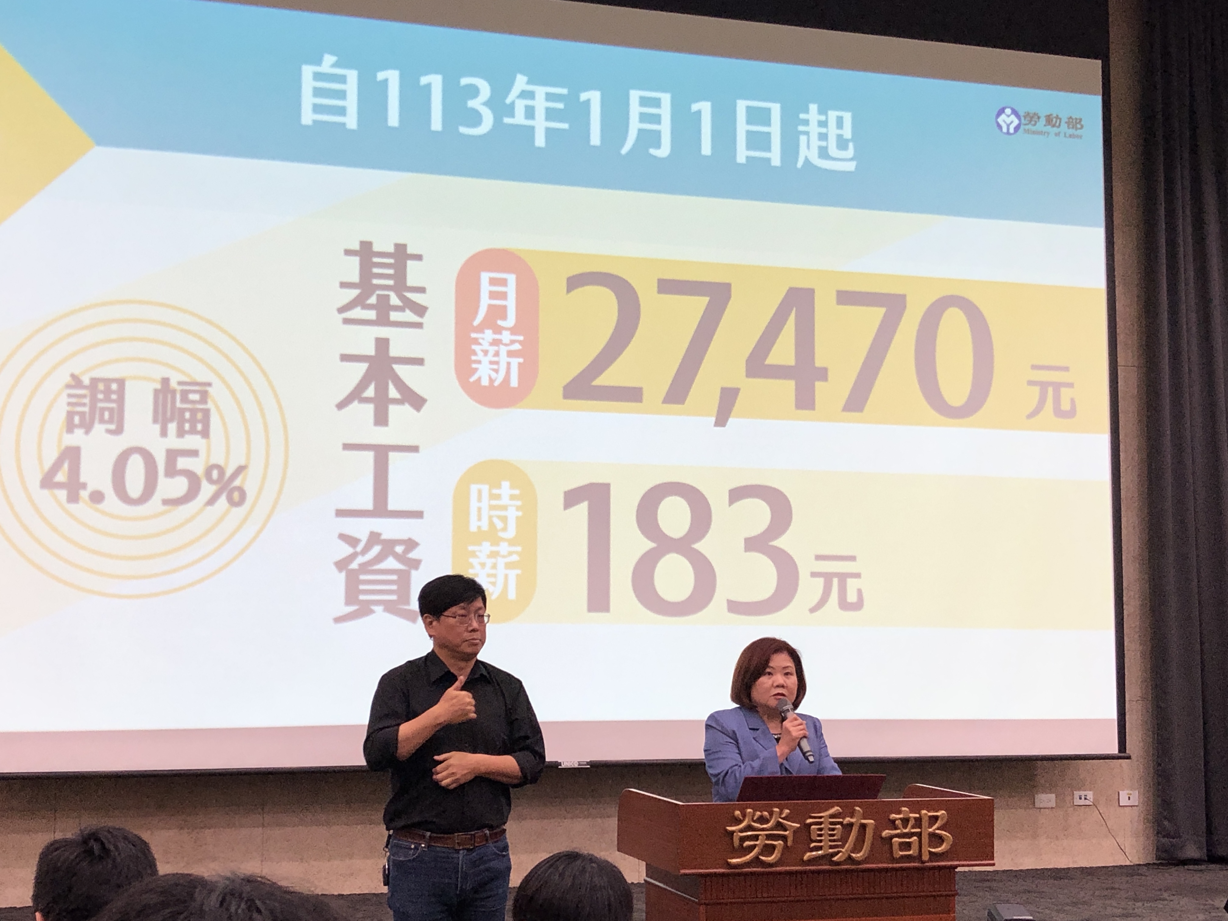 基本工資審議委員會今天(8日)召開，拍板明年每月基本工資由新台幣2萬6,400元調整至2萬7,470元，調幅約4.05％；時薪由176元調整至183元，調升7元。（楊文君攝）