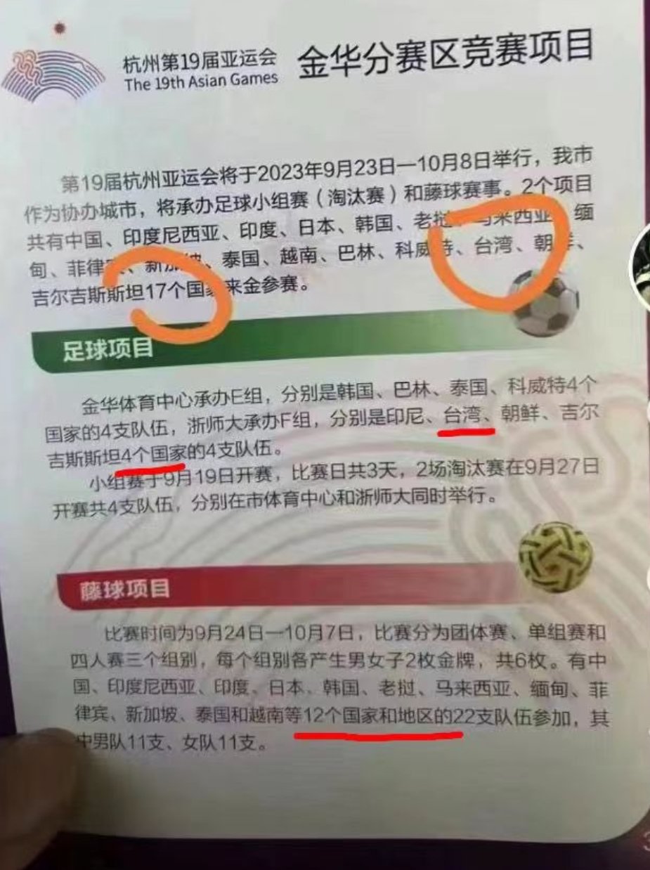 中國杭州亞運金華分賽區海報，傳出將台灣列為「國家」。(X平台： 李老師不是你老師)