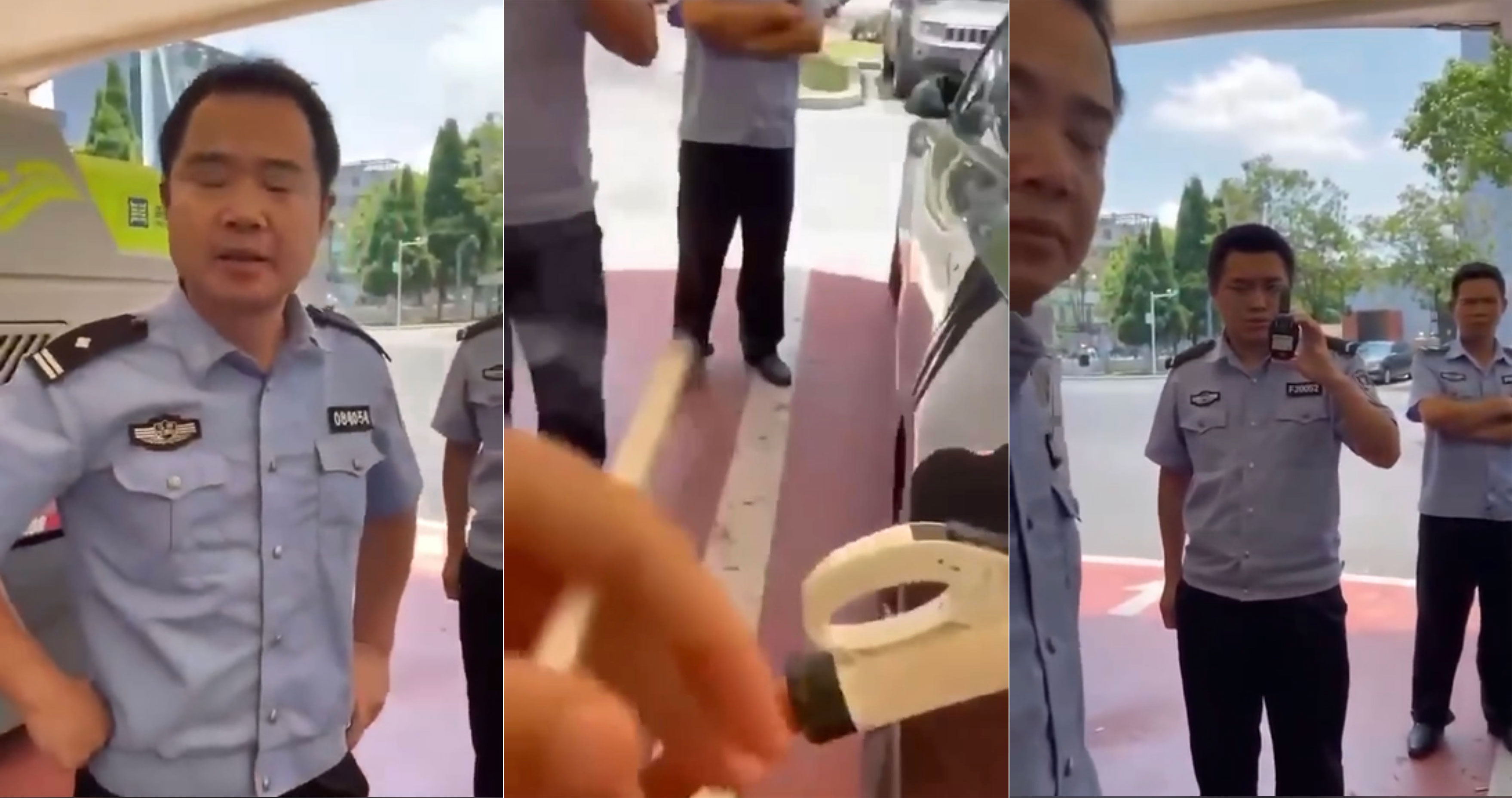 一特斯拉車主充電時，被三名警察阻撓。車主要求警察出示相關法律文件，警察一時語塞。（自由亞洲電台/古亭提供）