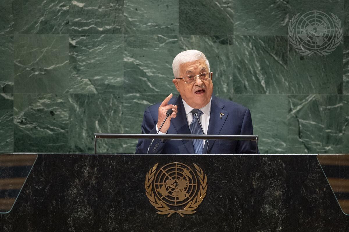 巴勒斯坦領導人阿巴斯(Mahmud Abbas)21日在聯合國大會發言。 (UN Photo/Cia Pak)