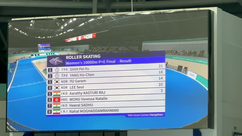 杭州亞運滑輪溜冰女子1萬公尺項目，台灣選手施沛妤、楊合貞勇奪金銀。（滑輪溜冰協會粉專）