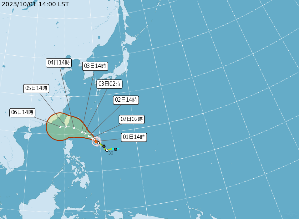 颱風小犬持續朝西北移動，最快3日上半天發布海警，不排除同日下午發布陸警。(圖：中央氣象署)