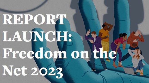 自由之家2023年10月4日公佈的2023年網路自由（Freedom on the Net）排名報告封面截圖。(自由之家官網截圖)