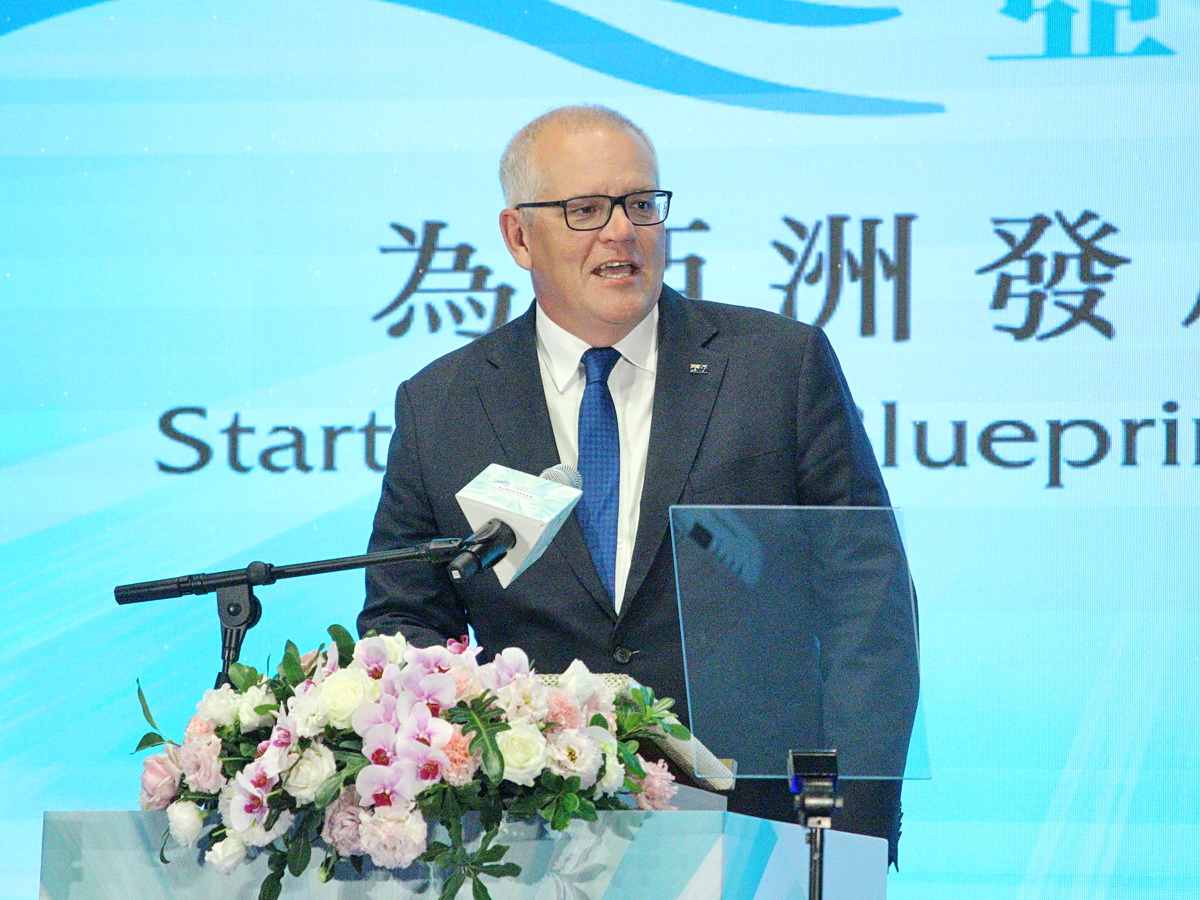 澳洲前總理莫里森(Scott Morrison)在玉山論壇致詞時強調台灣對於世界的重要性，因此應致力保護台灣並捍衛現狀 (央廣記者王照坤 攝)