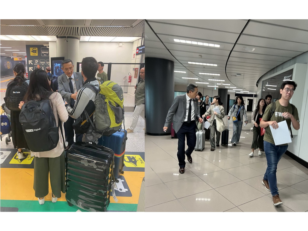 外交部安排的以色列撤僑專機20日晚間順利抵達羅馬，駐義大利代表蔡允中及駐處同仁前往機場，代表政府向搭乘專機抵達羅馬的國人與僑民表達慰問 (合成圖，外交部提供)