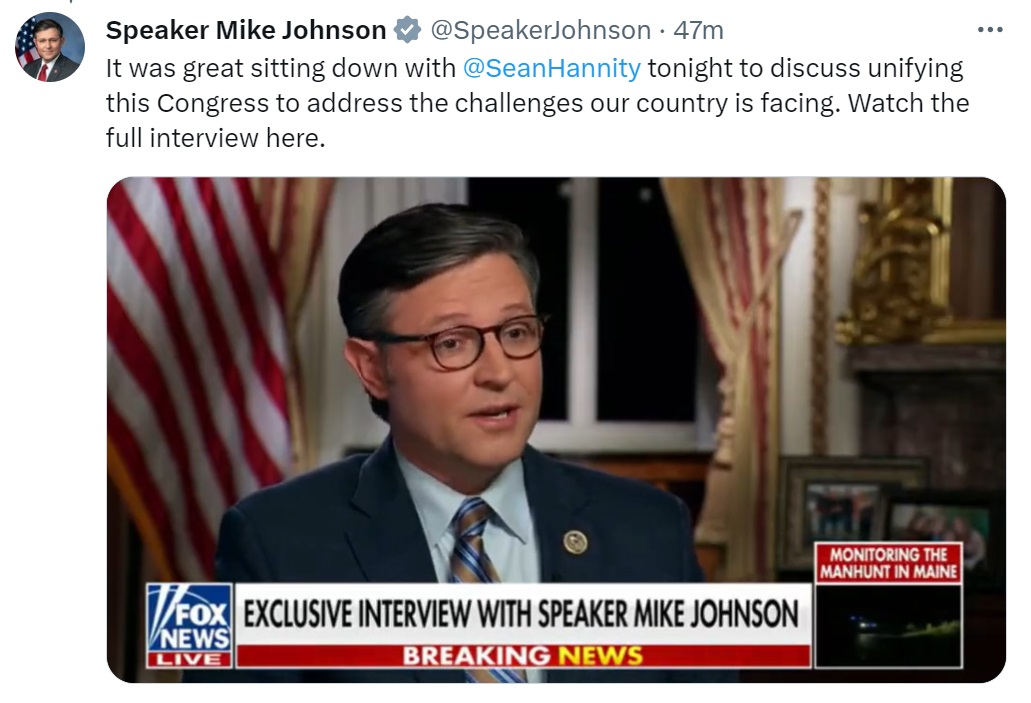 新當選美國眾議院議長的強生(Mike Johnson)26日接受福斯新聞專訪。 (圖:翻拍@SpeakerJohnson)