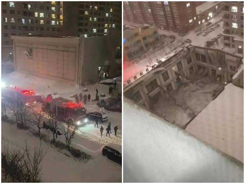 黑龍江暴雪紅色預警後，樺南體育館坍塌3人遇難。(微博)